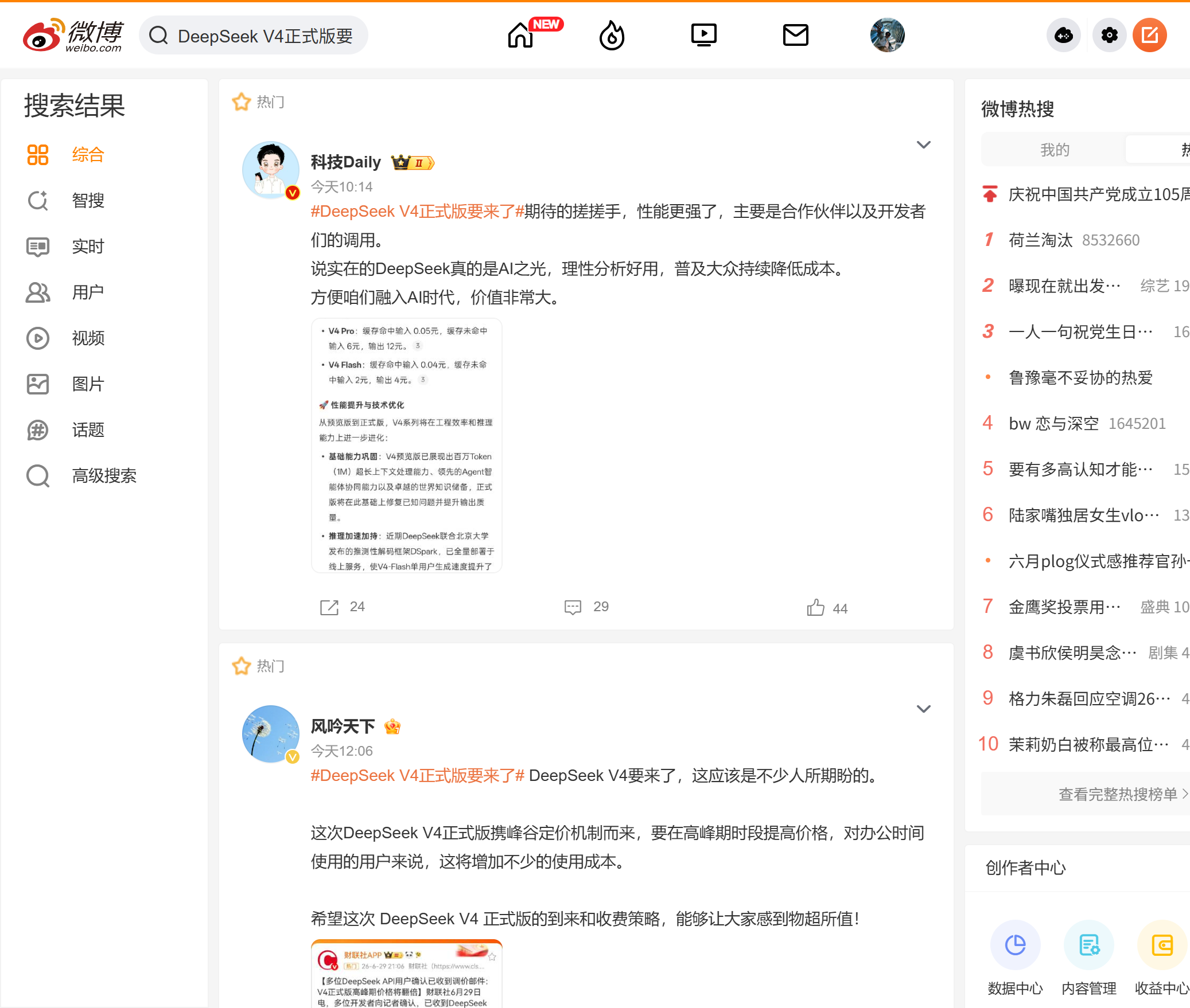 DeepSeek V4 微博热搜话题